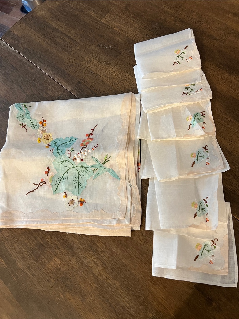 Vintage Embroidered Floral Tablecloth - Cream with Teal and Yellow Accents - Picture 5 of 5
